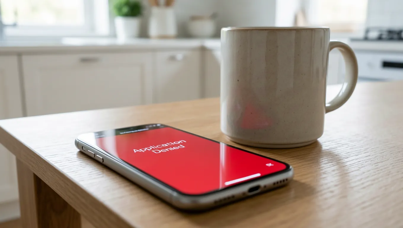 Smartphone displaying an application denial message on a wooden table