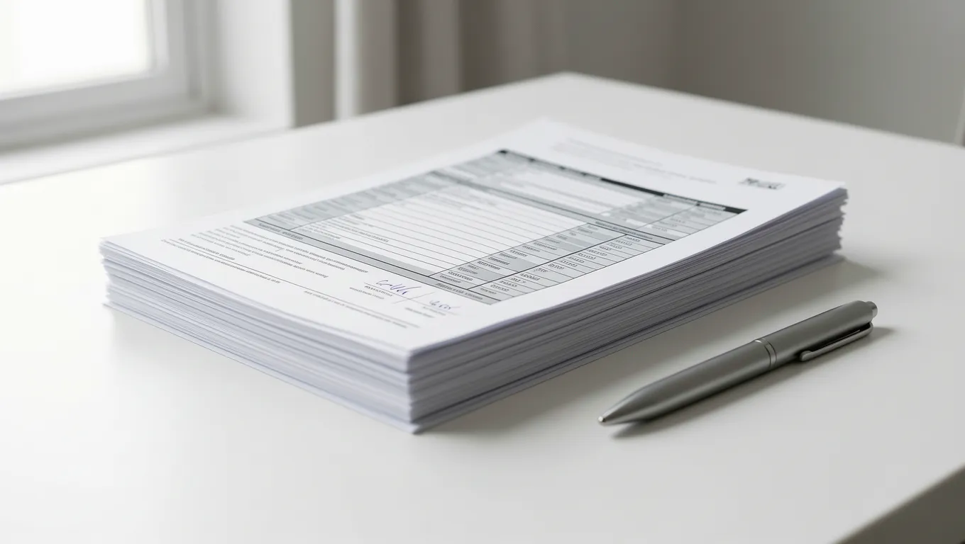 Organized financial documents and pay stubs for loan application preparation