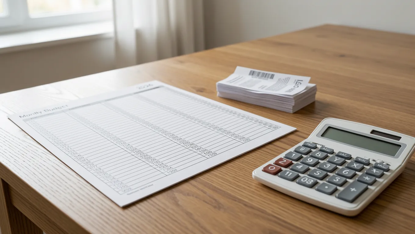 Close up of a household budget planning session on a wooden table