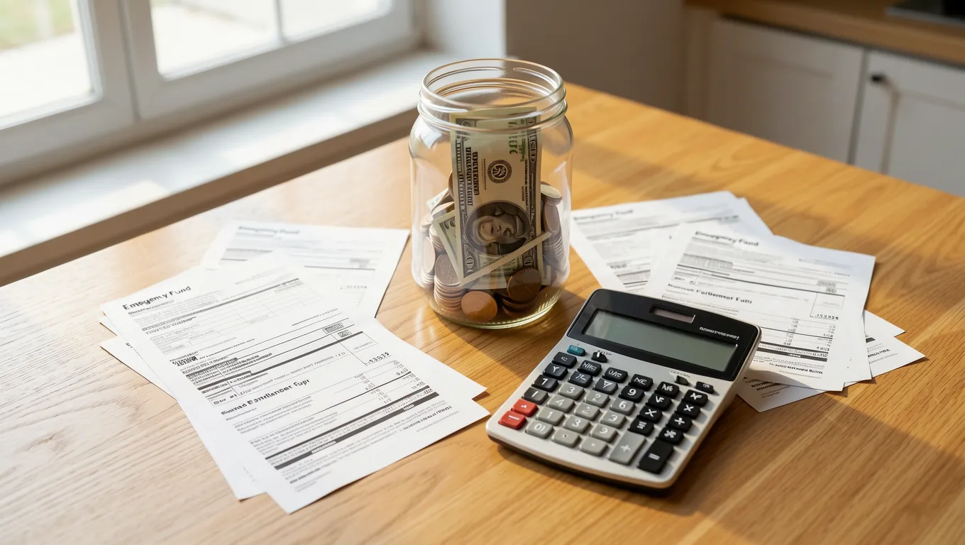 A glass jar for emergency savings sitting on a wooden table near bills