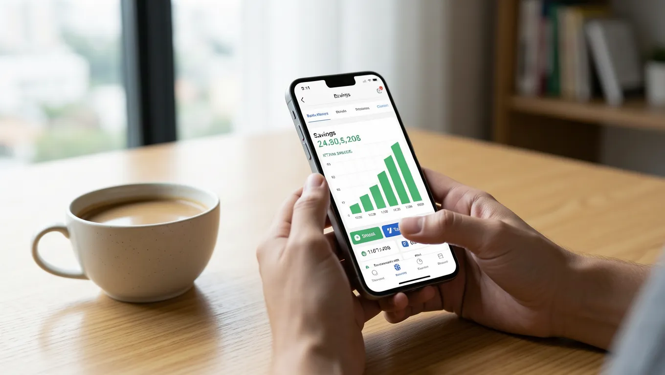Hand viewing a growing savings balance on a mobile banking application