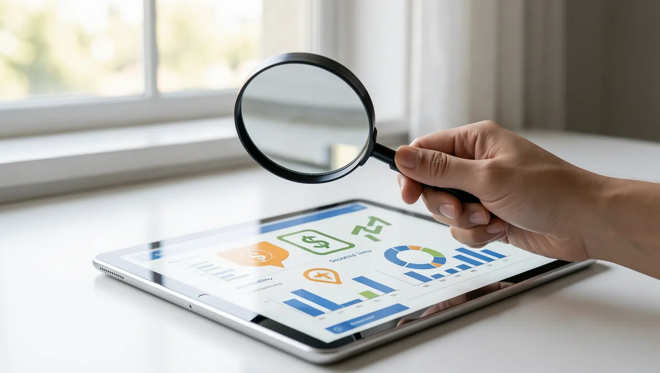 Using a magnifying glass to inspect digital financial data