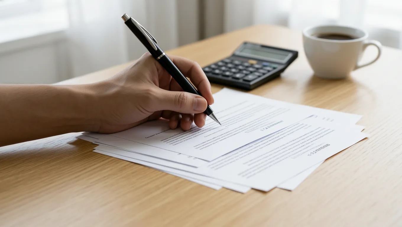 Financial documents and a calculator spread out on a wooden desk