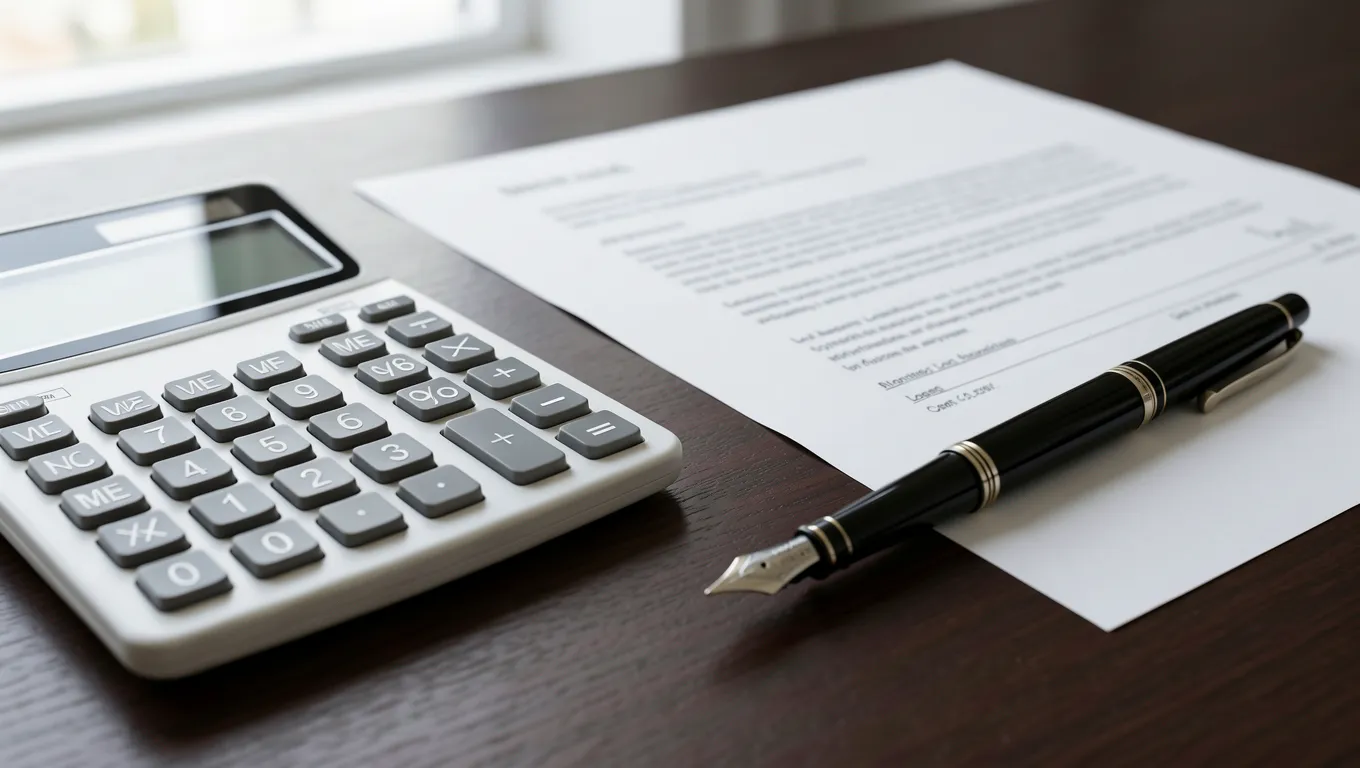 A calculator and loan documents on a wooden desk