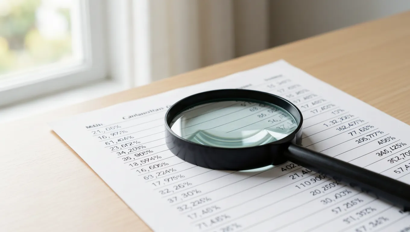 Credit card statement with a magnifying glass highlighting debt ratios