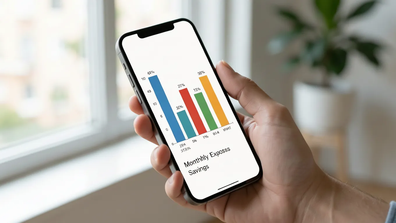 Hand holding a smartphone showing financial budget charts