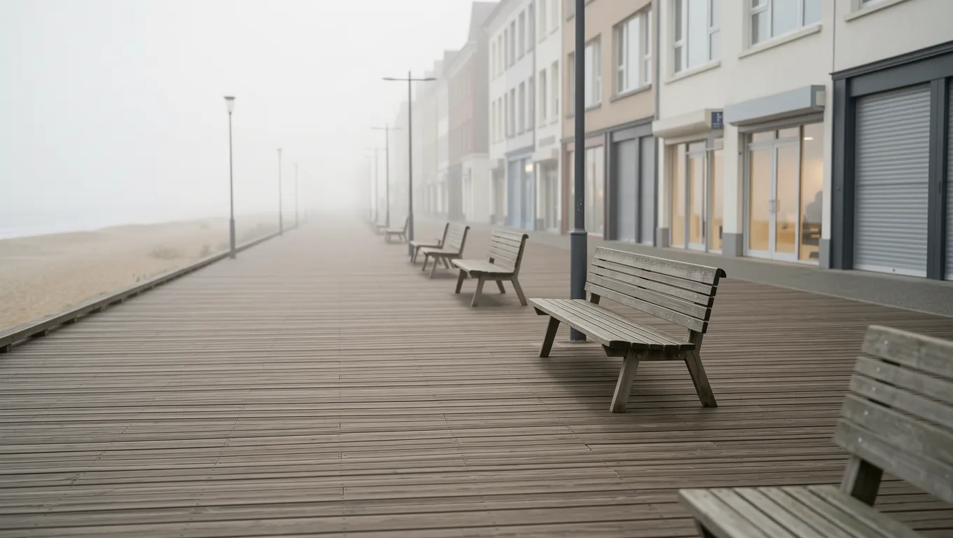 A misty, empty boardwalk at an ocean resort during the off-season