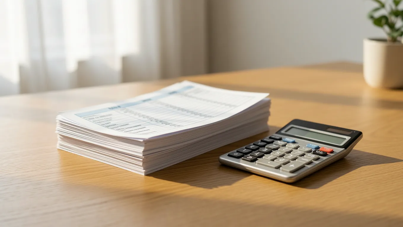 Recent pay stubs and calculator on a desk in soft sunlight