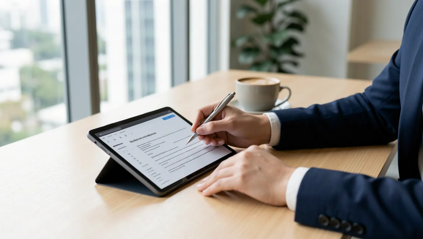Person signing a financial document on a digital tablet