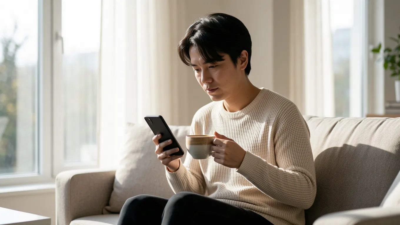 Person calmly reviewing loan options on a smartphone in a bright room