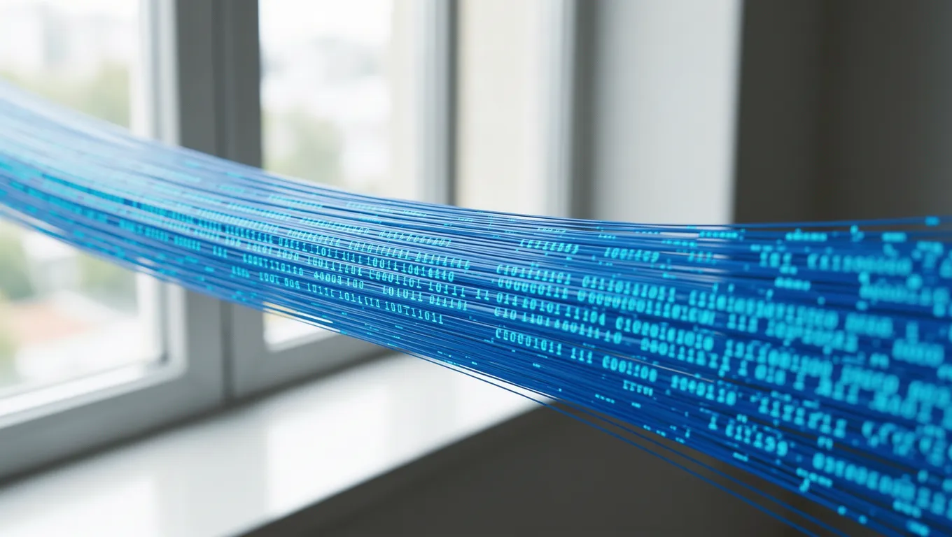 Digital data stream flowing through glowing blue fiber optic cables