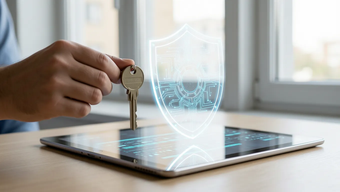 Hand holding a key next to a digital holographic security shield