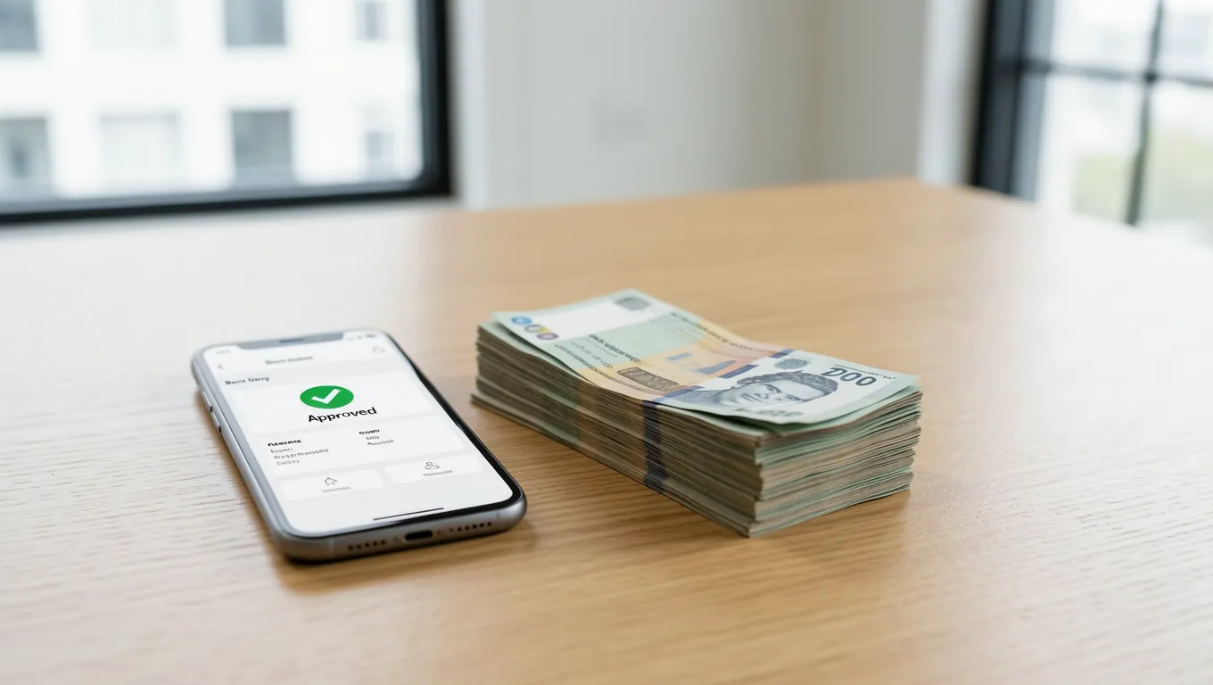 Smartphone showing loan approval status for instant no credit check loans in 2026