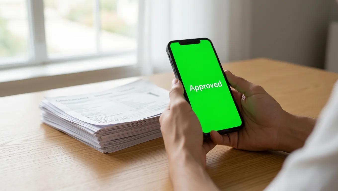 Smartphone displaying an approval for no credit check loans online in a home setting