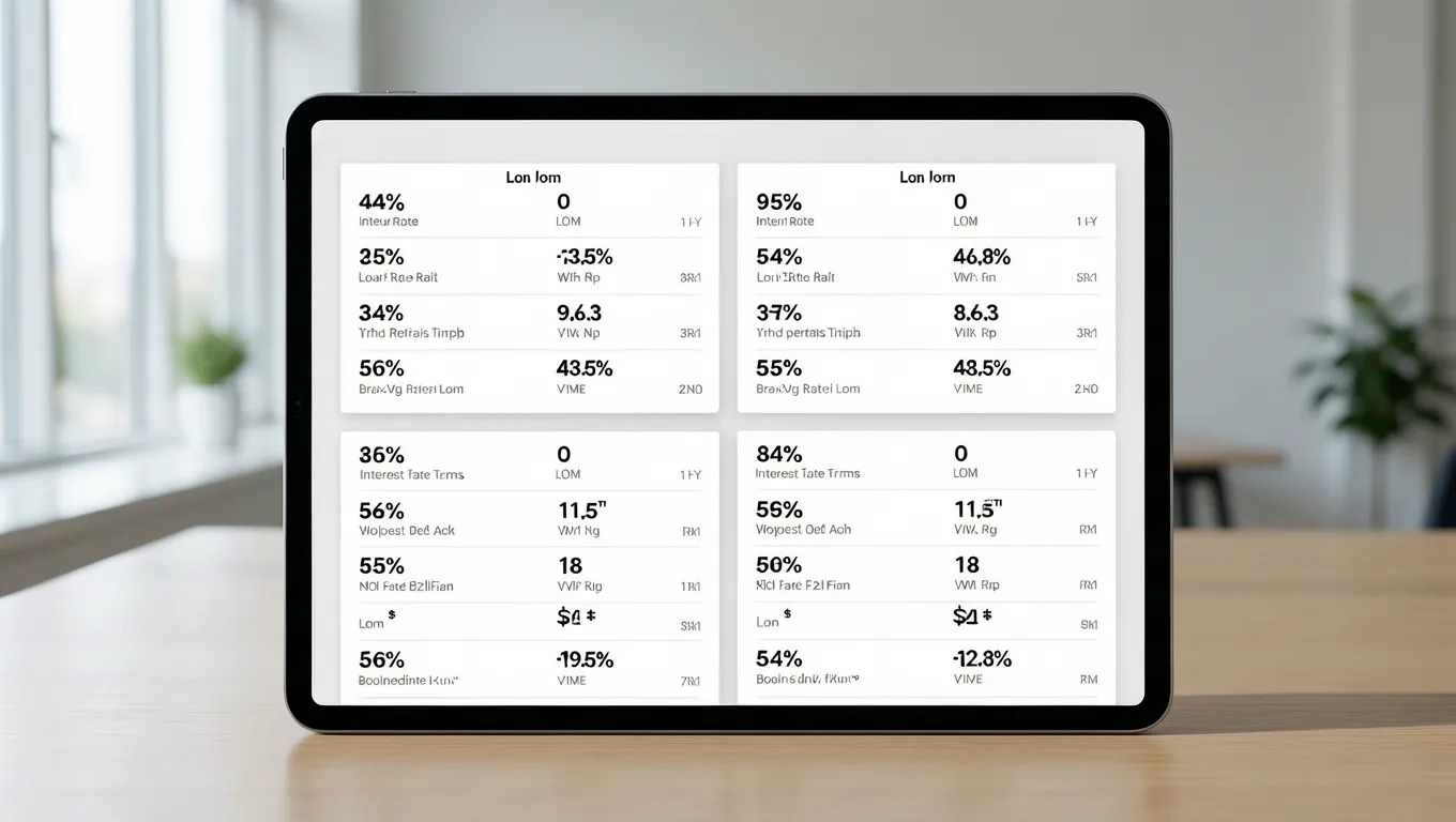 A digital tablet displaying a personal loan rates comparison dashboard with different APR options.