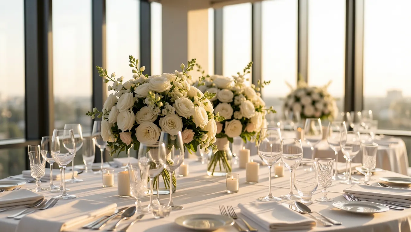 An elegant wedding reception table setting with flowers for personal loans for wedding planning.