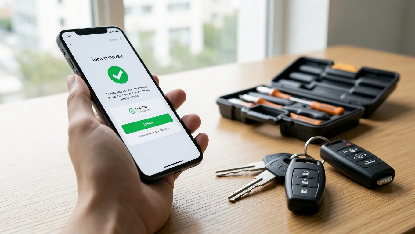 Hand holding a phone displaying a successful small personal loans online application.